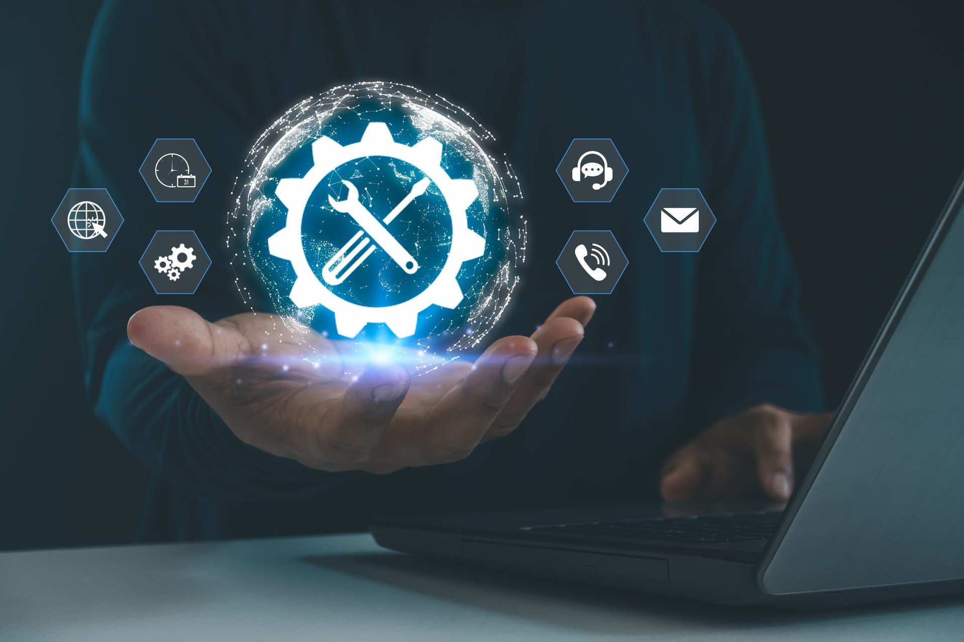 Innovative concept of IT support and digital tools with a gear and wrench icon, technical support, system maintenance, software updates and customer service technology in modern business environment..