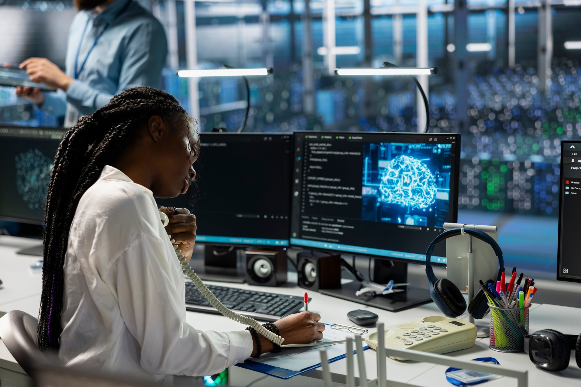 Female programmer in data center answers telephone call, assisting users